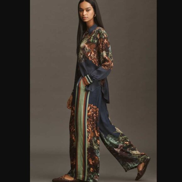 New Plus 2X Conditions Apply x Imara satin wide-leg pull on pants in Navy floral - Picture 4 of 13